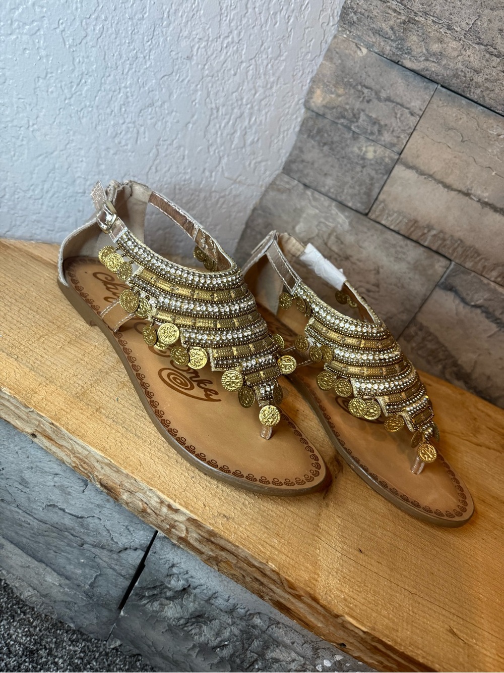 naughty monkey Brave Heart Gold Beaded Coin T-Strap Sandals - Women